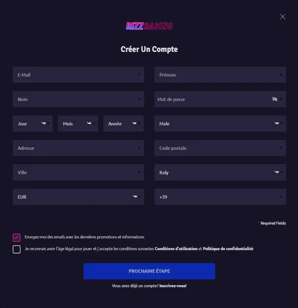 Rizz Casino creer un compte